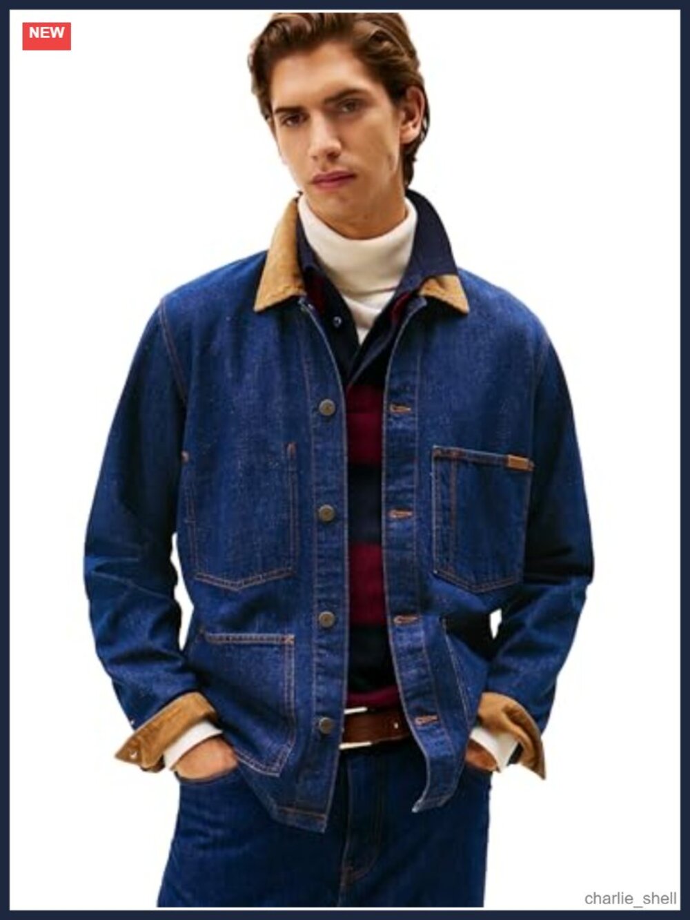 Denim Chore Jacket Corduroy Collar Button Closure Regular Fit